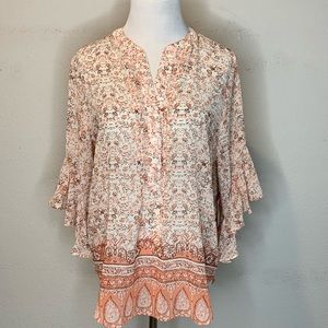 VINCE CAMUTO Blouse Sheer Floral Ruffle Sleeve Pink Sz S